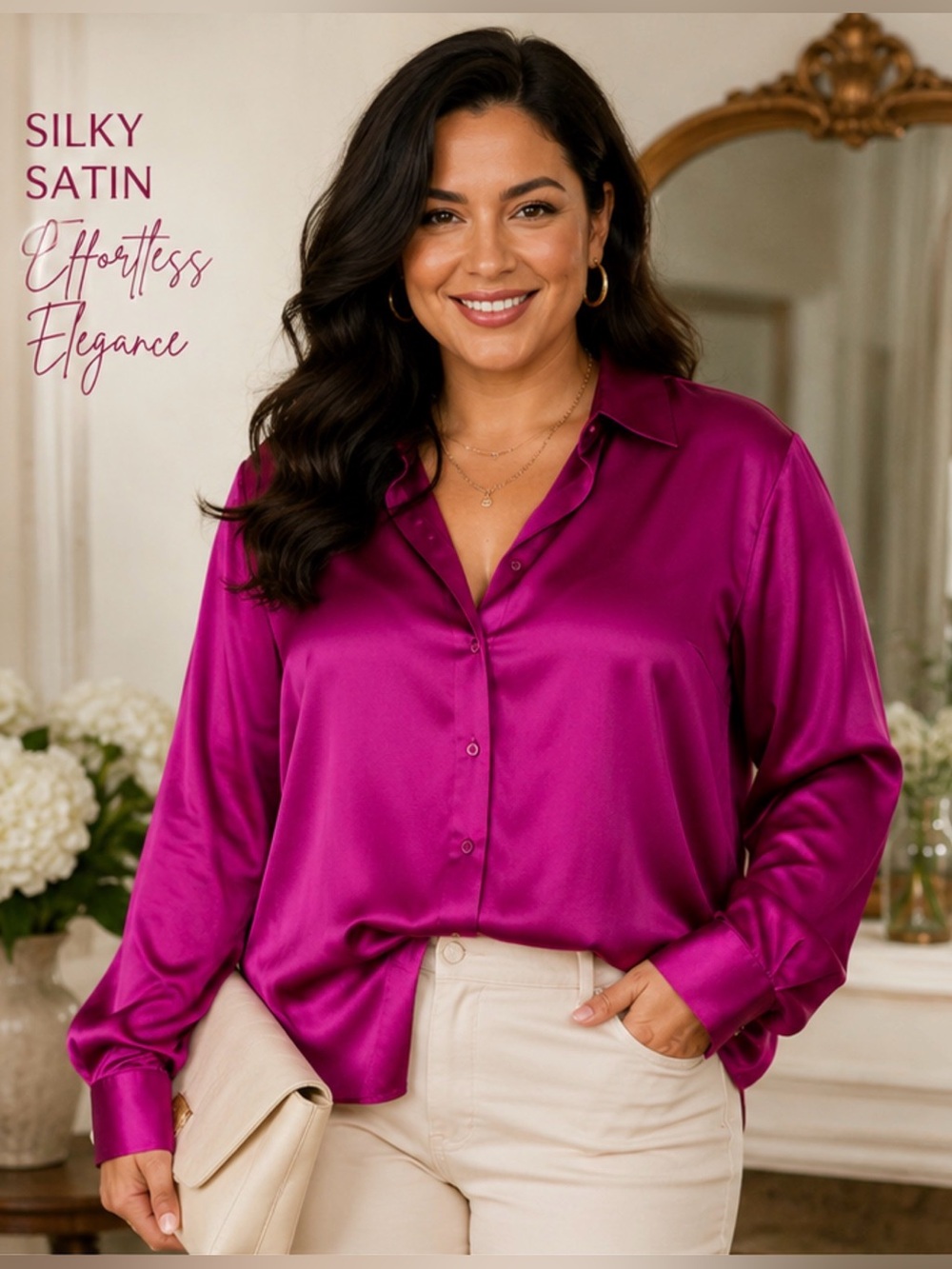 Banana Republic 100% Silk Fuchsia Button Front Blouse M Petite Luxe Satin Top